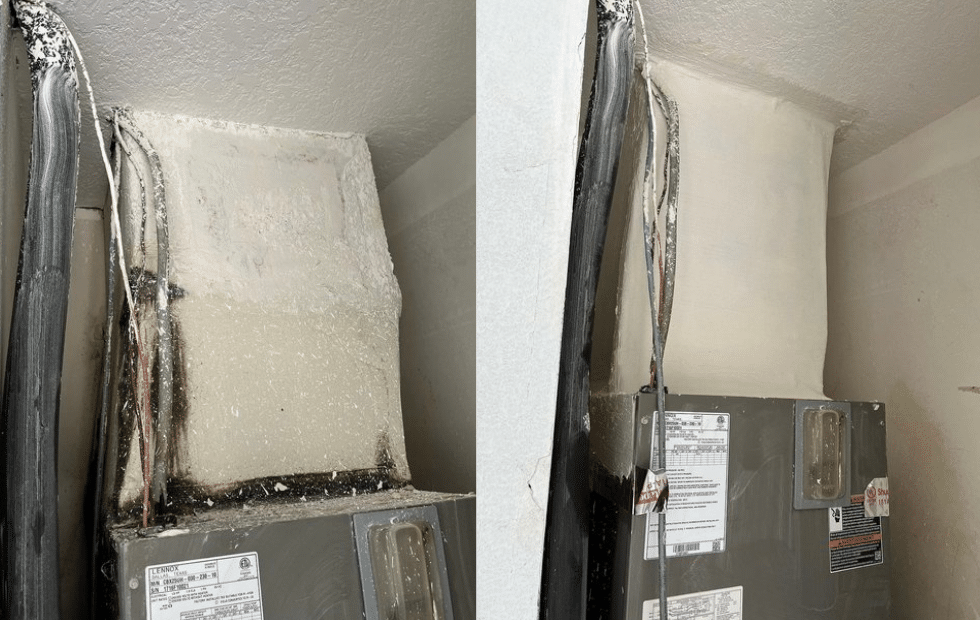 Two pictures of an air handler inside an Orlando home, before and after a Fiberlock paint encapsulation.