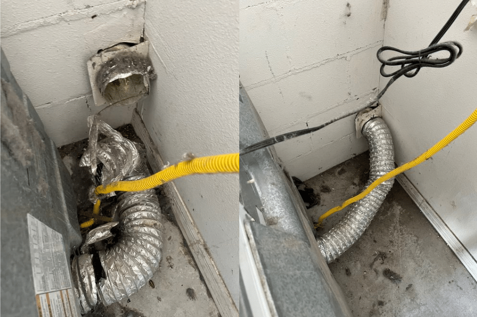 Before and after photos of damaged, then replaced dryer vent hose on the back of a dryer.